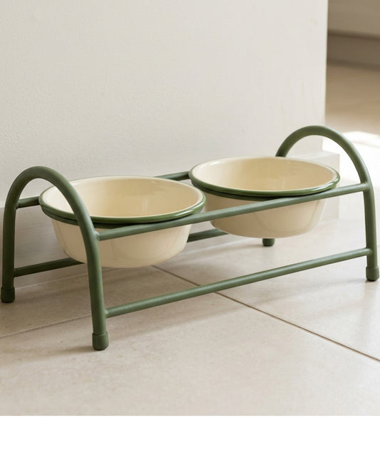Blnkg Elevated Twin Enamel Steel Pet Bowl Stand 18 oz x 2 Moss - Lifestyle view