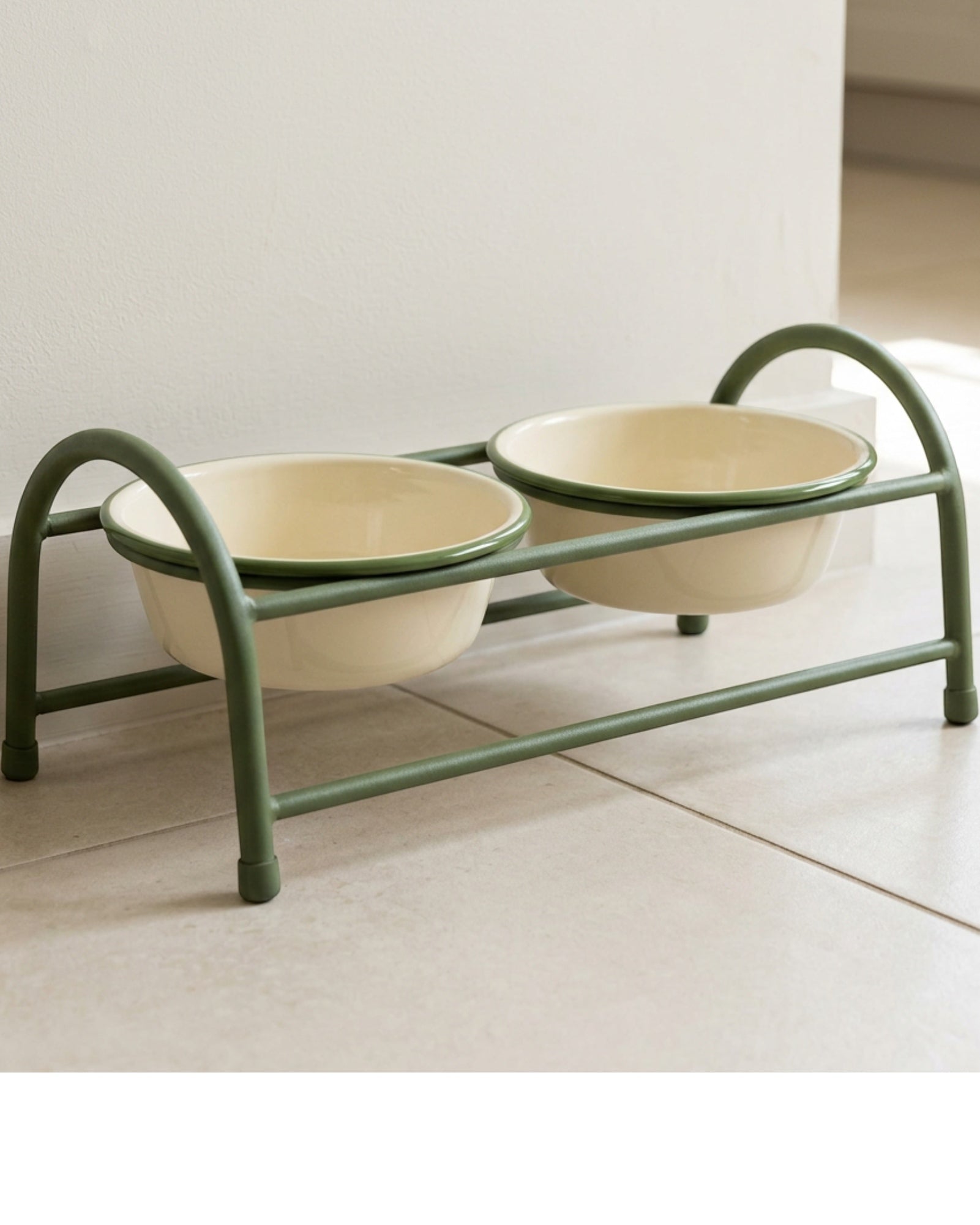 Blnkg Elevated Twin Enamel Steel Pet Bowl Stand 18 oz x 2 Moss - Lifestyle view