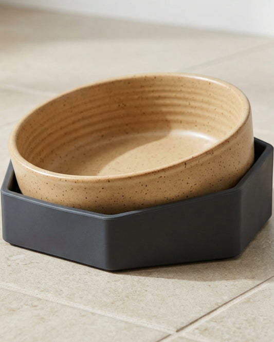 Blnkg Tilted Stoneware Pet Bowl with Hexagonal Silicone Cradle 22 oz Sand - Lifestyle view