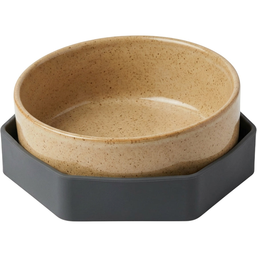 Blnkg Tilted Stoneware Pet Bowl with Hexagonal Silicone Cradle 22 oz Sand